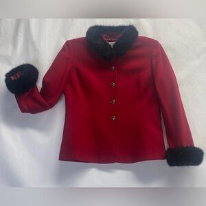 Kasper A.S.L. Petite Red Jacket with Detachable Black Faux Fur Trim